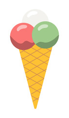 Colored ice cream balls with different flavors in waffle cone. Dairy products. Illustration isolated design
