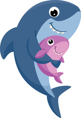Happy shark with baby. Cute cartoon sea animal