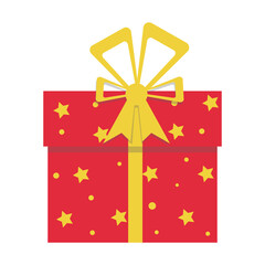 Gift in box with red wrapping paper with stars pattern, yellow ribbon and bow. Illustration isolated design