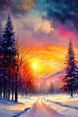 a beautiful sunset winter scene with snow, painting style, generative ai technology
