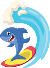 Shark surfer. Cartoon joyful animal on ocean wave