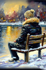 a lonely man in winter is sitting alone on a bench, oil painting style, generative ai technology

