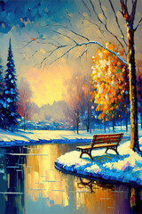 a lonely single bench near to a small river in winter, beautiful colors, generative ai technology
