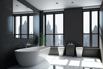 Fototapeta na wymiar Bathroom in white and black with two sinks and a floor made of dark tiles. windows with a view of skyscrapers and a wooden shelf, no people. Generative AI