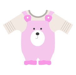 Pink jumpsuit with cute bear face for little girl. Clothing for infant kids. Illustration isolated design