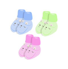 Blue, green and pink booties with cute rabbit faces. Clothing for infant kids. Illustration isolated design