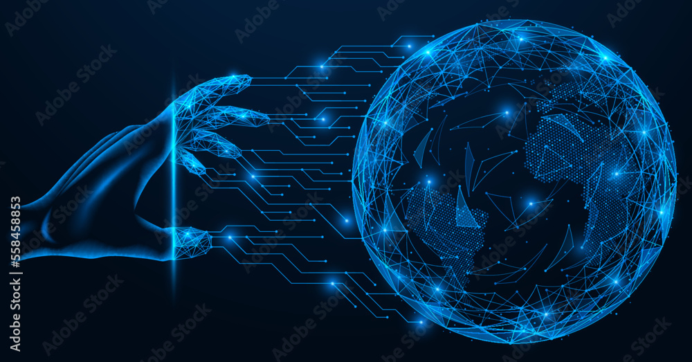 Wall mural global access to the internet space. hand connects to the digital planet earth. polygonal design of 