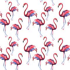 Naklejka premium Watercolor flamingos in a seamless pattern. Can be used as fabric, wallpaper, wrap.