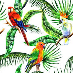 
Watercolor parrots with tropical leaves in a seamless pattern. Can be used as fabric, wallpaper, wrap.