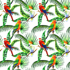 
Watercolor parrots with tropical leaves in a seamless pattern. Can be used as fabric, wallpaper, wrap.