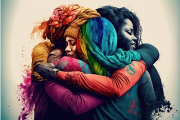 Group of multicultural imaginary people. Friends hugging and embracing each other. Unity, equality concept. Generative ai illustration imaginary person. 