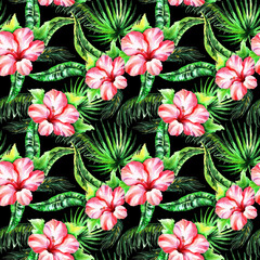 Watercolor hibiscus flowers in a seamless pattern. Can be used as fabric, wallpaper, wrap.