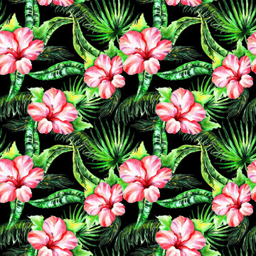 Watercolor hibiscus flowers in a seamless pattern. Can be used as fabric, wallpaper, wrap.