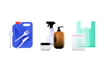 Common plastic waste items. Zip bag, care product bottles, canister and eating utensils. Vector illustration, flat style, isolated on white