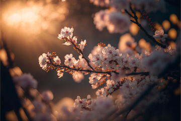 beautiful cherry blossom flowers blooming on a tree with blurry background in spring