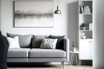Grey couch with pillows next to lamp on cabinet in poster adorned beautiful living room. real picture. Generative AI