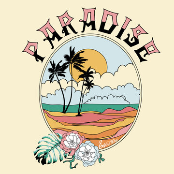 Paradise tropical beach women's graphic tee, Palm tree island print design for t shirt print, poster, sticker, background and other uses. Beach vibes with surfing board vintage print design.