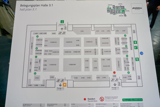 COLOGNE, GERMANY - CIRCA SEPTEMBER, 2018: close up shot of hall plan 3.1 at Photokina Exhibition. Photokina is a trade fair held in Europe for the photographic and imaging industries.