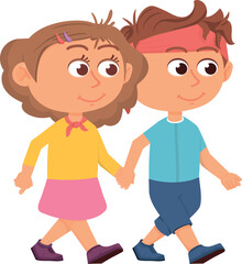 Fototapeta na wymiar Boy and girl walking together. Cartoon children hold hands