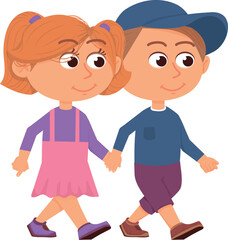 Kids hold hands and walking. Cartoon boy and girl