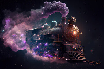 Fantasy old train at universe with the sky full of stars and aurora. Beautiful volumetric lights and atmosphere.  
Digitally generated AI image - obrazy, fototapety, plakaty