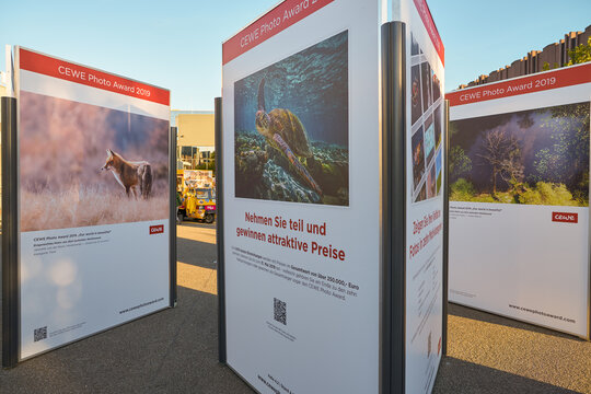 COLOGNE, GERMANY - CIRCA SEPTEMBER, 2018: printed photos as seen at Photokina Exhibition. Photokina is a trade fair held in Europe for the photographic and imaging industries.