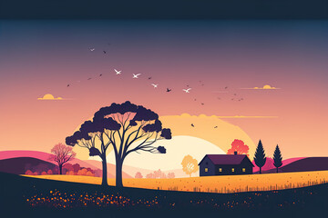 Fall rural scene in dusk light with sunset, backdrop of blue and pink sky, Fall season in a rural location with a forest tree and a grassy field at daybreak, Banner for the autumnal backdrop