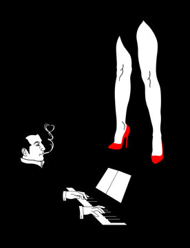 A pianist and a woman. Drawing on a black background.	