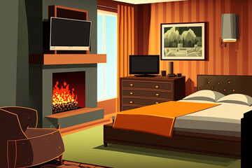 Cartoon illustration shows a comfortable hotel room complete with a double bed, carpet, and fireplace. Generative AI