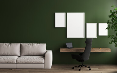 Modern home office or workplace with hanging white table, office chair, laptop, white sofa. White painted frame mock up on wall. Coworking office. 3d rendering. Coworking space. Template. Green wall.