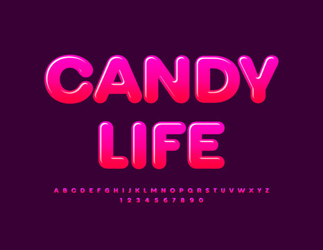 Vector modern Emblem Gandy Life. Pink Sweet Font. Trendy Glossy Alphabet Letters and Numbers set