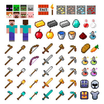 Set of vector pixel objects. Objects for a pixel game. Vector illustration.