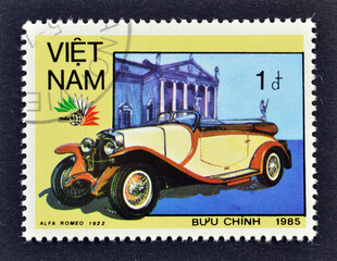 Cancelled postage stamp printed by Vietnam, that shows Alfa Romeo, 1922, International Stamp Exhibition Italia `85, Automobiles, circa 1985.