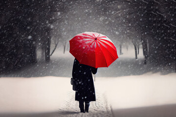 Woman under red umbrella in snow. Generative Ai