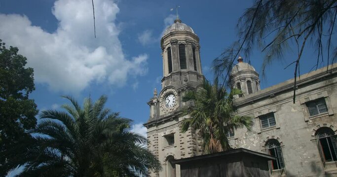 Antigua Caribbean St Johns Cathedral clock tower. Church of Diocese North Eastern Caribbean and Aruba. Anglican Church of England. Originally built 1683. Seventy foot twin towers.