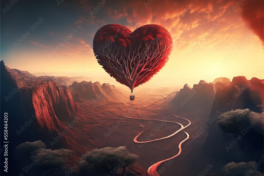 Poster a heart shaped balloon flying over a mountain range with a trail going through it and a winding road