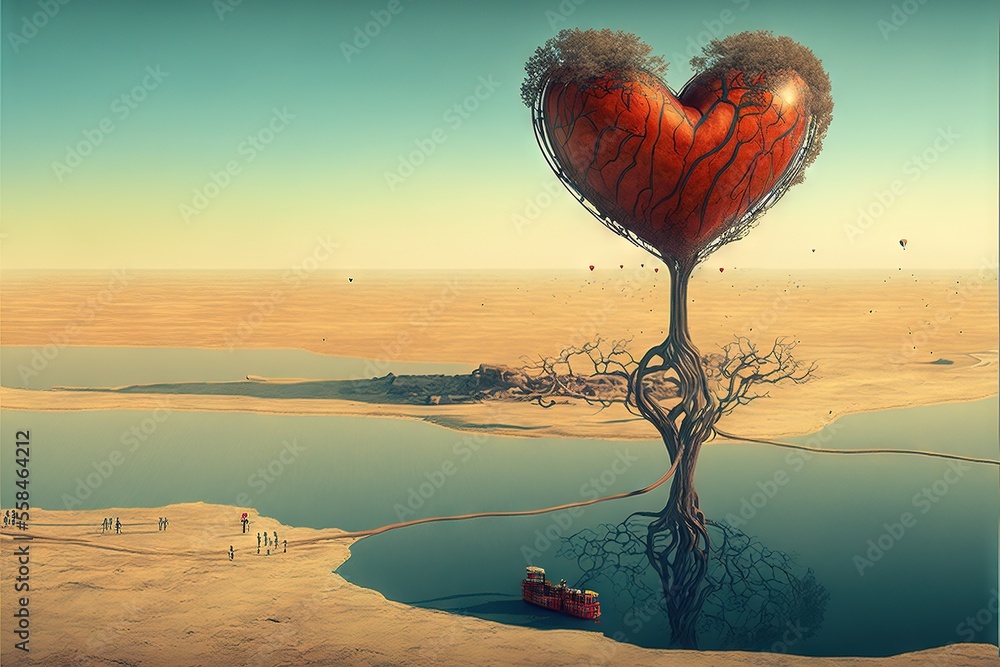 Poster a heart shaped tree with a boat in the water in the middle of a desert landscape with people in the 