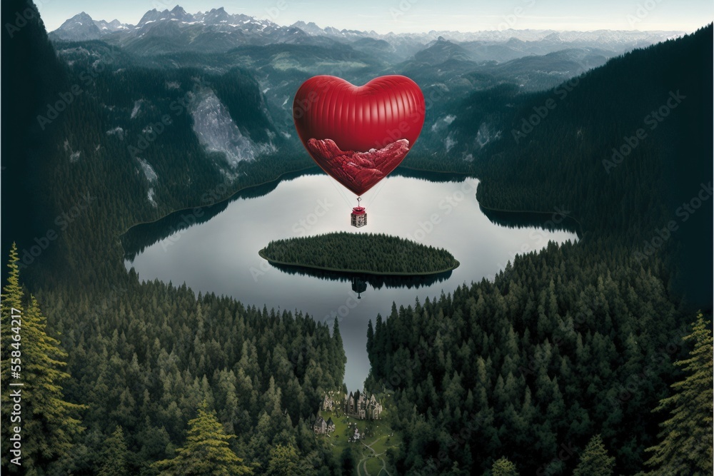 Poster a heart shaped balloon floating over a lake surrounded by trees and mountains in the distance is a f