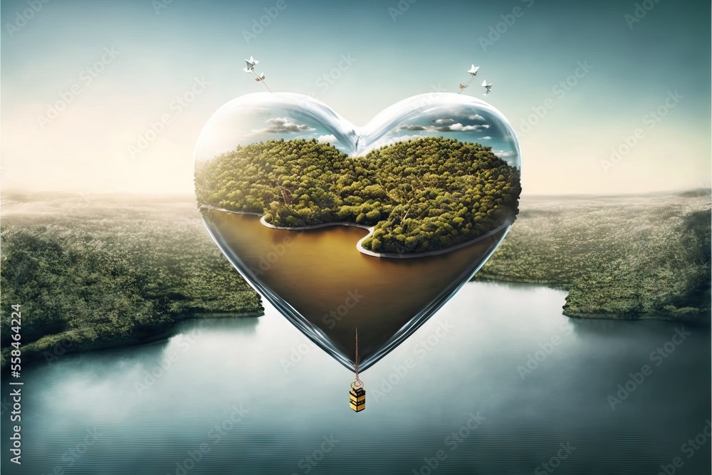 Poster a heart shaped balloon floating over a lake surrounded by trees and a forest in the middle of the im