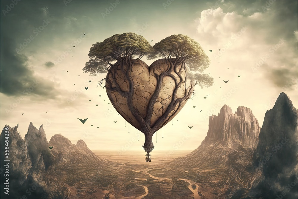 Poster a heart shaped tree on top of a mountain with a trail in the middle of the heart shaped tree on top 