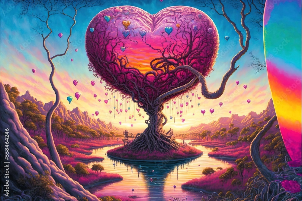 Poster a painting of a tree with a heart shaped tree in the middle of the painting and a rainbow sky in the