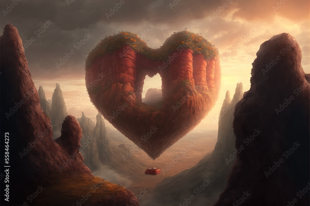 Poster a heart shaped object floating in the air above a mountain range with a car driving by it and a car 
