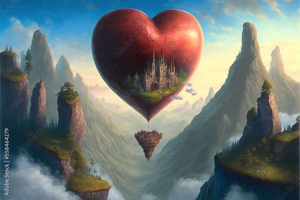 Poster a painting of a heart floating in the air with a castle on top of a mountain in the background with 
