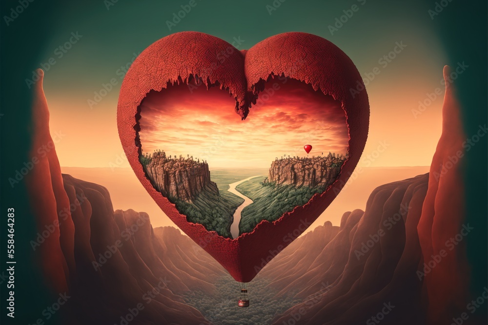 Aufkleber a heart shaped painting with a river running through a valley in the middle of the picture and a mou
