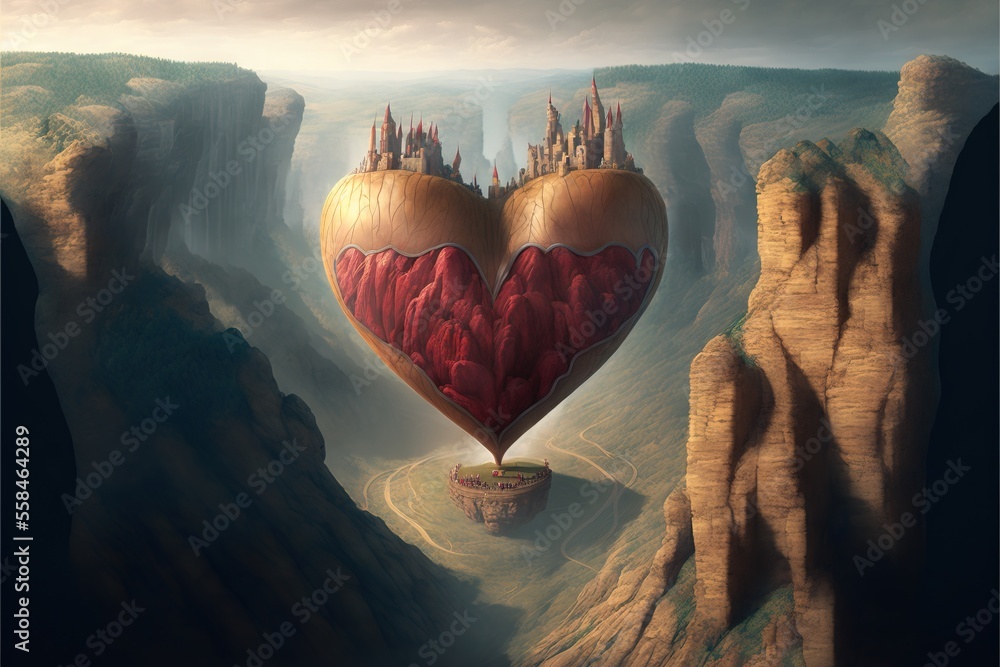 Poster a heart shaped balloon floating in the air over a mountain range with a castle on top of the balloon