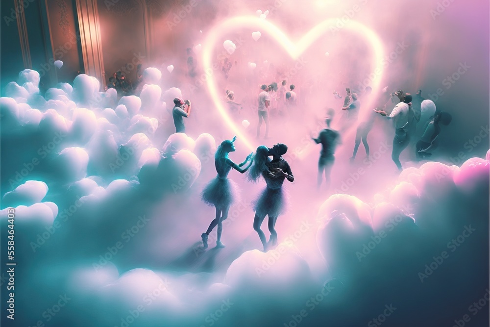 Poster a group of people standing on top of a cloud filled sky with a heart shaped light in the middle of t