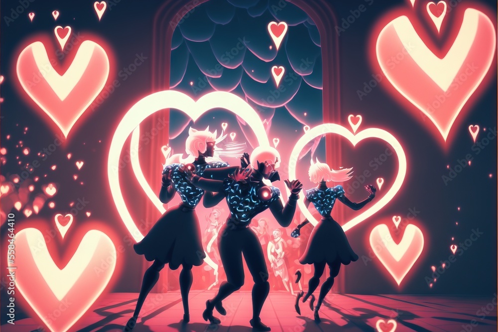 Poster a couple of people that are standing in front of a heart shaped wall with hearts on it and a light i