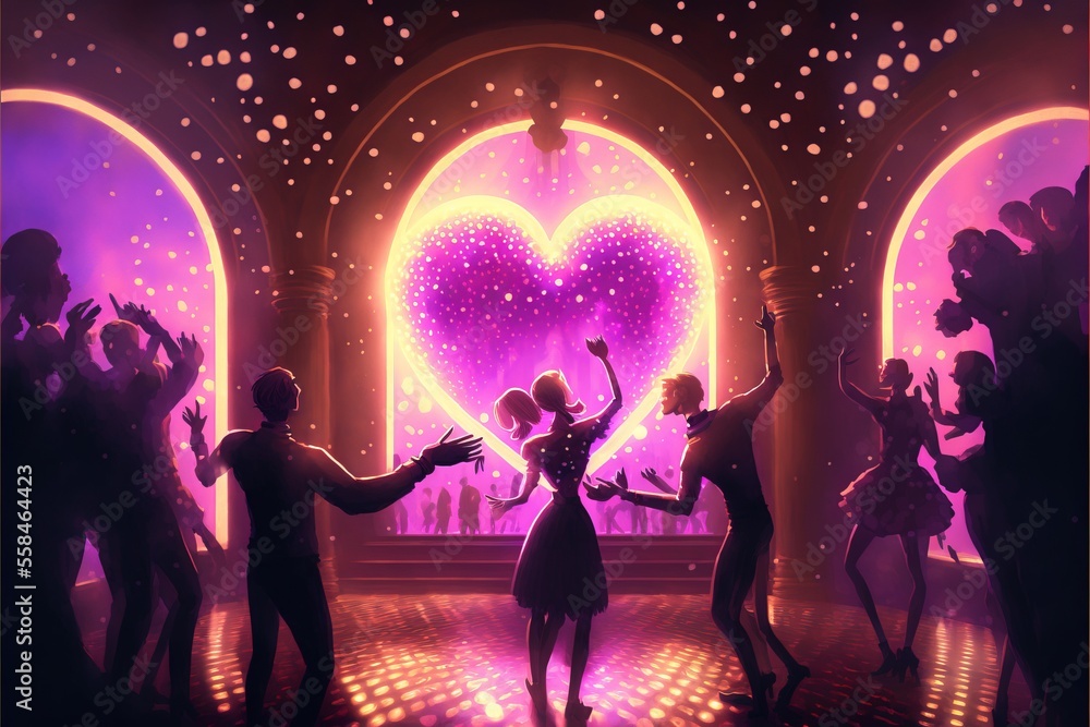 Aufkleber a group of people dancing on a dance floor in front of a stage with a heart - shaped window in the m