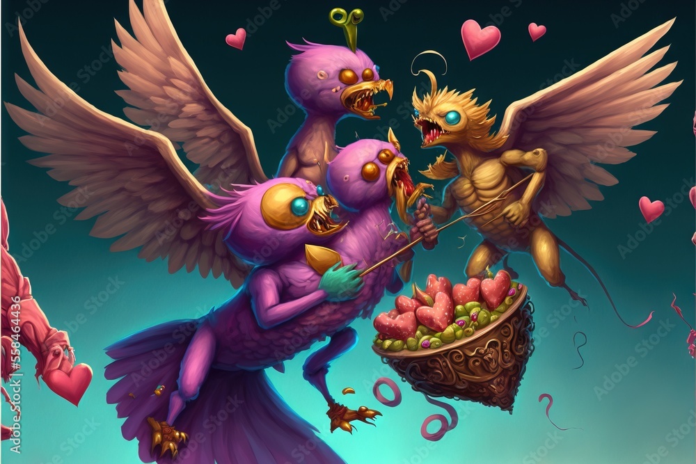 Poster a couple of birds that are next to each other on a table with a basket of food on it's back end and 