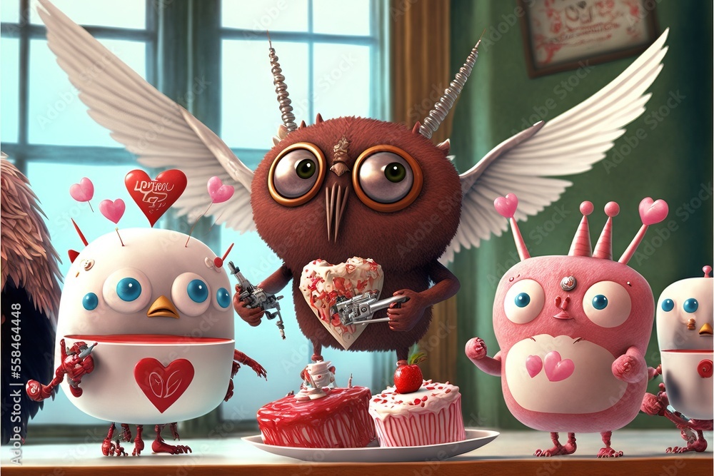 Poster a group of cartoon characters standing next to each other in front of cupcakes and cupcakes on a tab